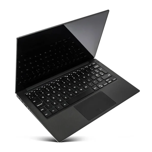 Laptop pairando preto com tela preta — Fotografia de Stock