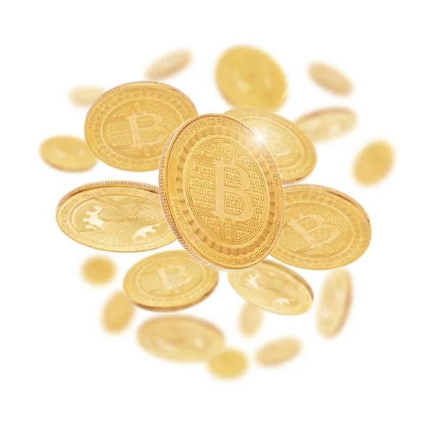 Gold cryptocoin Bitcoin explosion. Isolated on white — Stock Photo, Image