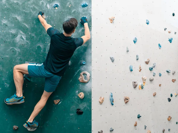 Een man klimmend in de kei gym in de muur. — Stockfoto