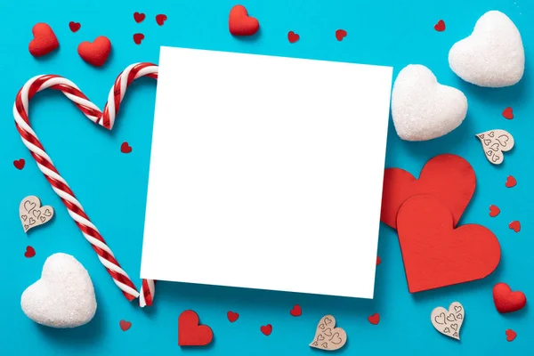 Valentines day love Flat lay background, hearts, candies. — Stock Photo, Image