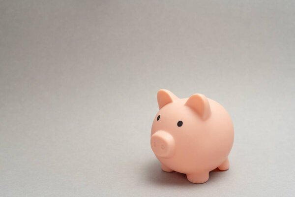 Money holding concept. Saving symbol - Piggy bank for coins on a gray background. Copy space.