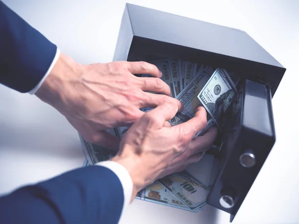 Cash Money Safe Deposit Symbol Money Safety Man Steals Dollars — Stock Photo, Image