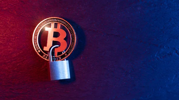 Bitcoin Sicherheitskonzept Schutzsymbol Für Kryptowährungen Flache Lage Draufsicht Kopierraum Neonlicht — Stockfoto