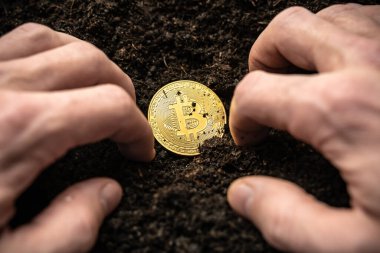 Bitcoin taşıma konsepti. Yer altında saklanan kripto para birimi. Tasarruf sembolü. Bir adam gizli bitcoins kazar.