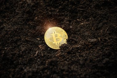 Bitcoin taşıma konsepti. Yer altında saklanan kripto para birimi - kaydedilen sembol.