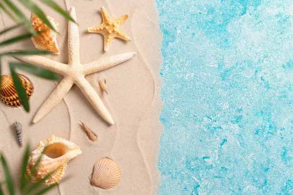 Zomer Strand Achtergrond Met Shell Zee Ster Wazig Palm Vakantie — Stockfoto