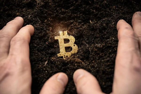 Bitcoin Hold Konzept Kryptowährung Der Erde Gespeichert Sparsymbol Ein Mann — Stockfoto