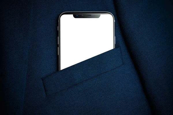 Beyaz Ekranlı Siyah Akıllı Telefon Erkek Kıyafetinin Cebinde Yakın Plan — Stok fotoğraf