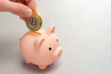 Bitcoin taşıma konsepti. Bitcoin 'ler için kumbara. Kripto para tasarrufu sembolü. Adamın biri para kutusuna gri arka planda bitcoin koyuyor. Boşluğu kopyala.