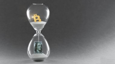 Kum saati koyu arkaplanda. Geleneksel para birimini ve zaman kripto para birimi Bitcoin 'i ve engelleme teknolojisini ele alalım. Boşluğu kopyala.