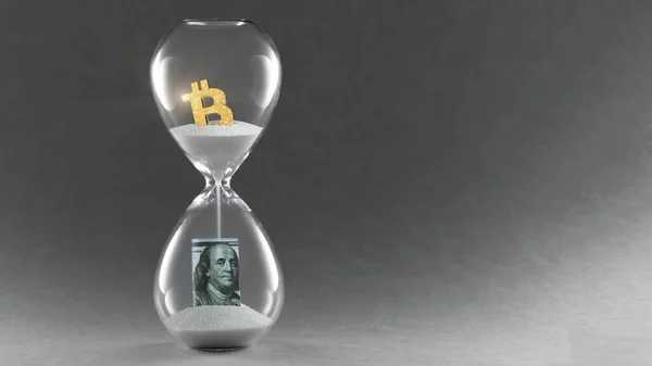 Přesýpací hodiny na tmavém pozadí. Koncepce přecházející tradiční měnový čas a časová kryptoměna Bitcoin a technologie blockchain. Kopírovat prostor. — Stock fotografie