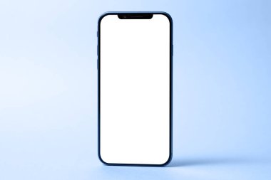 Akıllı telefon modeli, boş ekranlı telefon ve mavi arka planda izole edilmiş gölge. Modern teknolojiler sosyal ağlar ve uygulamalar. Hafiflik, tazelik, havalanma sembolü. Boşluğu kopyala