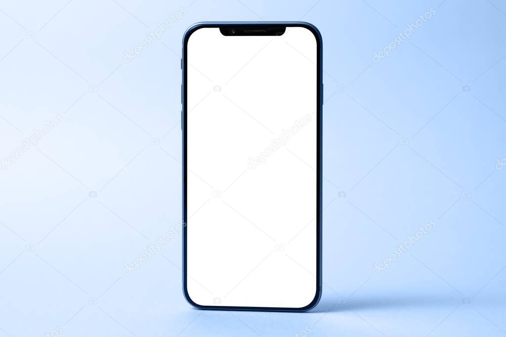 Smartphone mockup, phone with blank screen and shadow isolated on blue background. Modern technologies social networks and applications. Symbol of lightness freshness airiness. Copy space