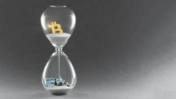 Sanduhr auf dunklem Hintergrund. Konzept, das die Zeit der traditionellen Währungen und die Zeit der Kryptowährung Bitcoin und der Blockchain-Technologie überwindet. Kopierraum. — Stockfoto
