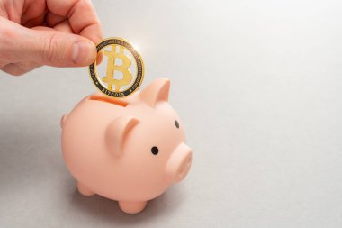 Bitcoin taşıma konsepti. Bitcoin 'ler için kumbara. Kripto para tasarrufu sembolü. Adamın biri para kutusuna gri arka planda bitcoin koyuyor. Boşluğu kopyala.