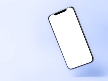 Akıllı telefon modeli, boş ekranlı telefon ve mavi arka planda izole edilmiş gölge. Hafiflik, tazelik, havalanma sembolü. Modern teknolojiler sosyal ağlar ve uygulamalar. Boşluğu kopyala