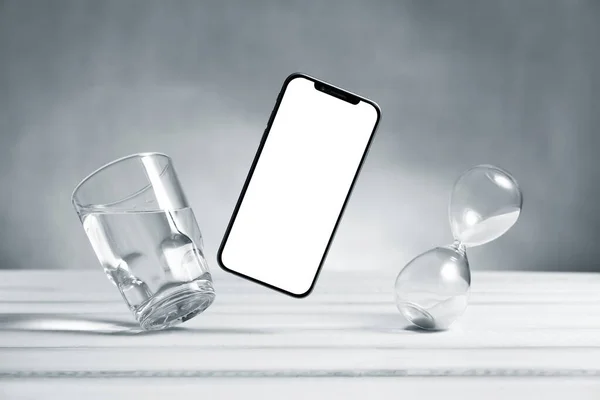 Okostelefon Mockup Telefon Üres Képernyővel Asztal Alatt Könnyedség Szimbóluma Frissesség — Stock Fotó