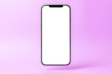 Akıllı telefon modeli, boş ekranlı telefon ve pembe arka planda izole edilmiş gölge. Hafiflik, tazelik, havalanma sembolü. Modern teknolojiler sosyal ağlar ve uygulamalar. Boşluğu kopyala
