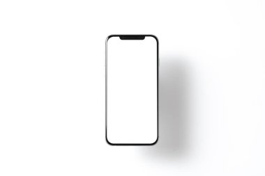 Akıllı telefon maketi. Beyaz ekranlı, üzerinde asılı duran yeni siyah çerçevesiz akıllı telefon. Renk arkaplanından izole edilmiş. Yüksek kaliteli stüdyo çekimlerine dayanarak. Akıllı telefon çerçevesiz tasarım kavramı.