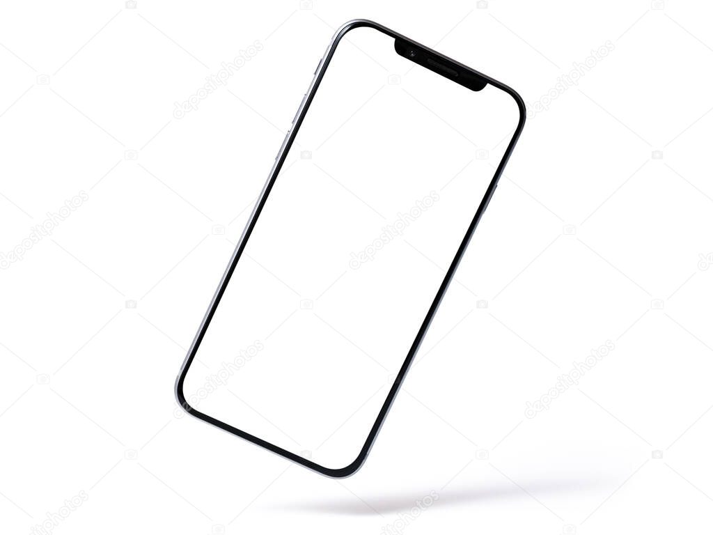 Smartphone mockup, phone with blank screen and shadow isolated on white background. Symbol of lightness freshness airiness. Modern technologies social networks and applications. Copy space