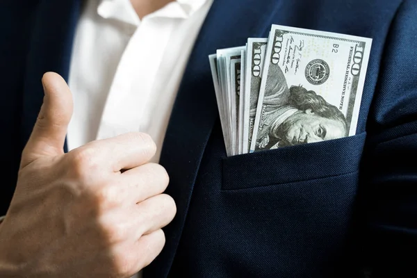 Money Success Concept 100 Dollar Bills Businessman Jacket Pocket Symbol — Stock Photo, Image