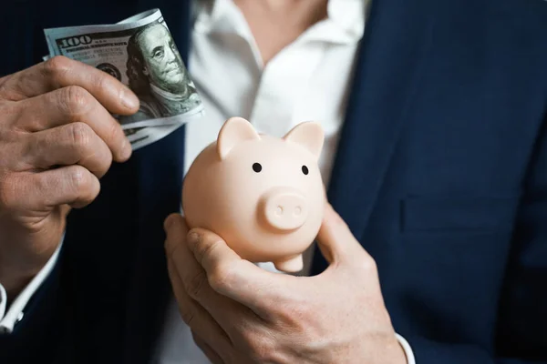 Money Protecting concept. Saving symbol - Close-up Of A Human Hand puts a 100 dollar bill in Pink Piggy Bank