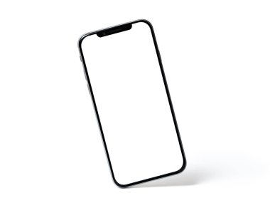 Akıllı telefon modeli, boş ekranlı telefon ve beyaz arka planda izole edilmiş gölge. Hafiflik, tazelik, havalanma sembolü. Modern teknolojiler sosyal ağlar ve uygulamalar. Boşluğu kopyala