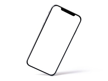 Akıllı telefon modeli, boş ekranlı telefon ve beyaz arka planda izole edilmiş gölge. Hafiflik, tazelik, havalanma sembolü. Modern teknolojiler sosyal ağlar ve uygulamalar. Boşluğu kopyala