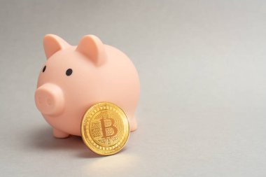Bitcoin 'ler için kumbara. Bitcoin taşıma konsepti. Kripto para tasarrufu sembolü. Gri bir arka planda para kutusu. Boşluğu kopyala.