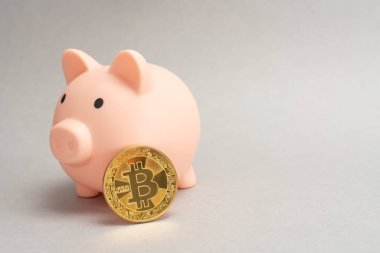 Bitcoin 'ler için kumbara. Bitcoin taşıma konsepti. Kripto para tasarrufu sembolü. Gri bir arka planda para kutusu. Boşluğu kopyala.