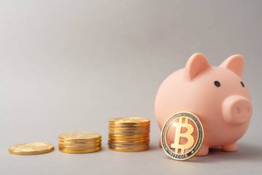 Bitcoin 'ler için kumbara. Bitcoin birikimi konsepti. Kripto para tasarrufu sembolü. Gri bir arka planda para kutusu. Boşluğu kopyala.