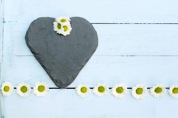 Slate heart and daisies — Stock Photo, Image