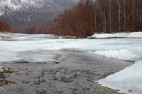 Río helado en un día nublado de primavera. Región de Irkutsk — Foto de Stock