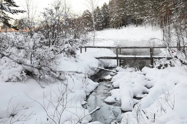 Paisaje invernal con un arroyo y costas nevadas — Foto de Stock