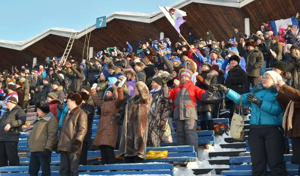 Irkutsk, Rusia - 23 de febrero de 2012: Abanicos jubilosos y una bandera en las gradas durante el partido de bandy —  Fotos de Stock
