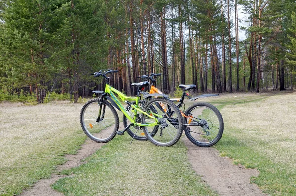 Buryatia, Russia - May,02 2014: Two bicycles on the forest road — Stock Photo, Image