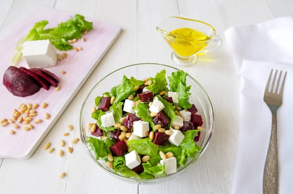 Salad Beetroot, Feta cheese and Lettuce leaves with Pine nuts