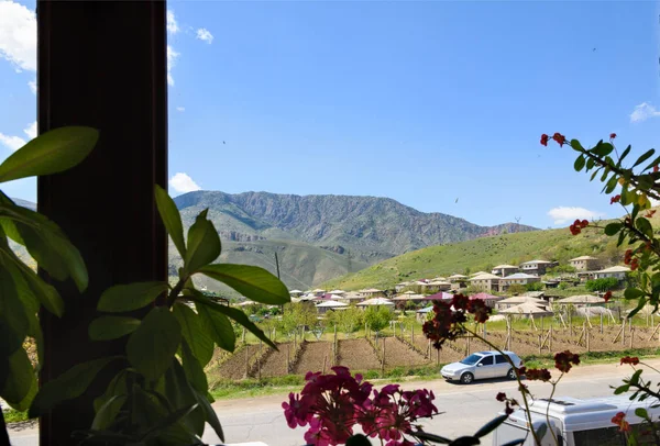 Winery village of Areni, view through window. Armenia — Stok fotoğraf