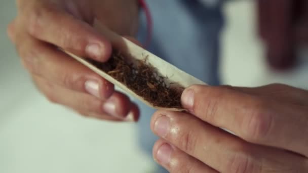 Homem que prepara o cigarro de maconha de rolamento comum haxixe para fumar — Vídeo de Stock