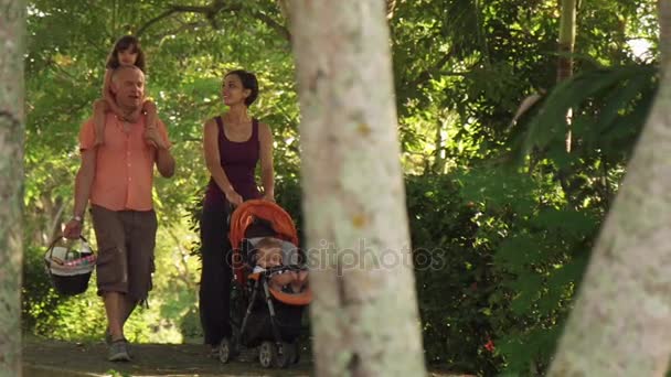 慢动作家庭父亲母亲女儿婴儿在公园 — 图库视频影像