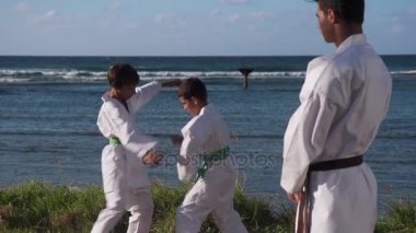 Mücadele ve eğitim genç çocuklar izlerken mutlu Karate spor eğitmeni