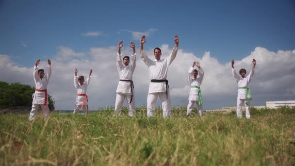 Karate iskola oktatók és a fiatal fiúk mutatja, harci technikák — Stock videók