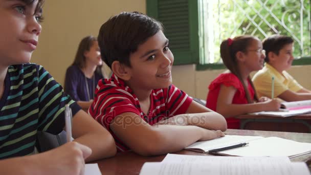 Garçons et filles assis à leur bureau en classe — Video