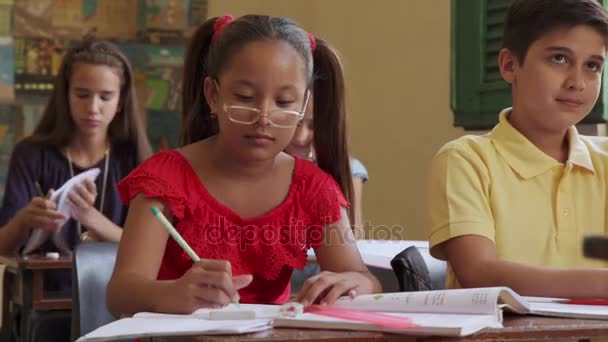 Estudiante levantando la mano durante el examen en clase en la escuela — Vídeos de Stock