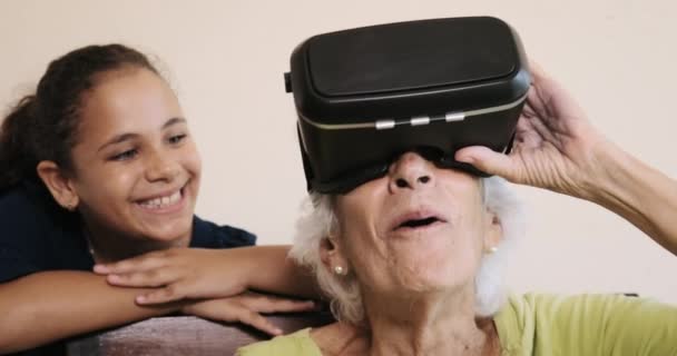 VR Game with Happy Grandma and Girl Playing Smiling Laughing — стоковое видео