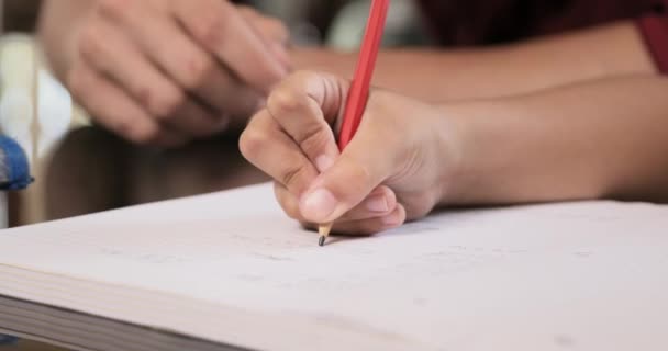 Close-up van jong meisje Hand schrijven potlood op werkboek — Stockvideo