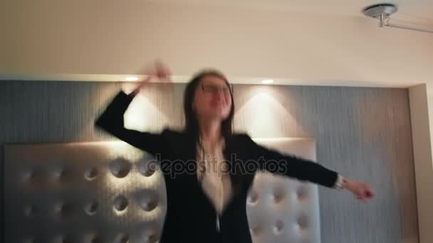 Success For Happy Businesswoman Business Woman Manager Jumping On Bed — Stock Video