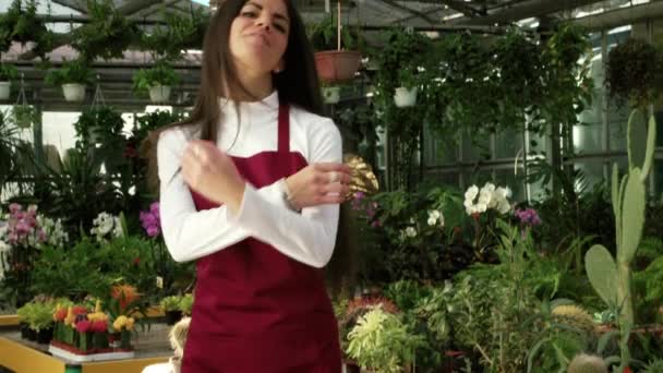 Çiçekçi Çiçek Dükkanında Çalışan Genç Satış Çiçekler Bitkiler Çiçekçiye Sonra — Stok video