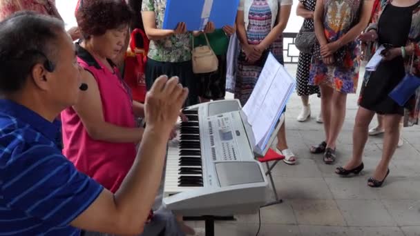 中国から 2017 中国の人々 の伝統的な天水 甘粛省 アジア そして合唱団で歌を歌っている高齢者の友人のグループで演奏 — ストック動画