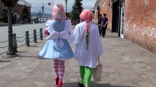 Hakodate Japan July 2019 Teens Female Friends Walking Cosplay Festival — Stock Video